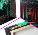 Japanese Pagoda pixel art, cyberpunk style pagoda, framed canvas print