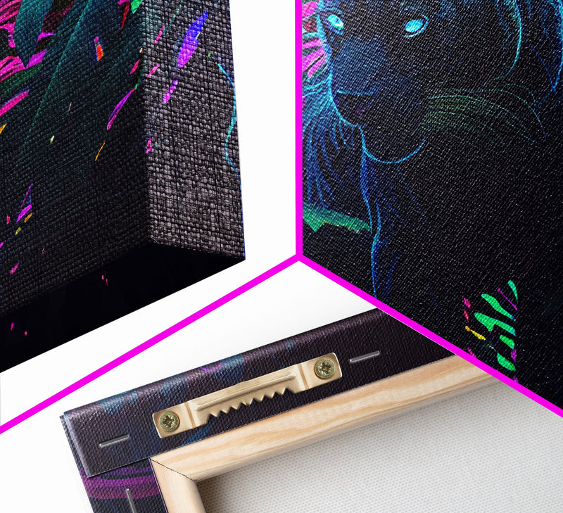 Black panther on the hunt in the jungle, glowing blue eyes, synth wave aesthetic art, framed canvas print