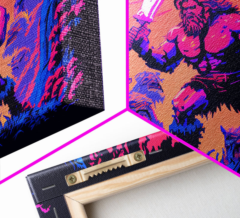 Barbarian pixel art, vaporwave RPG concept art, framed canvas print, synthwave tabletop art