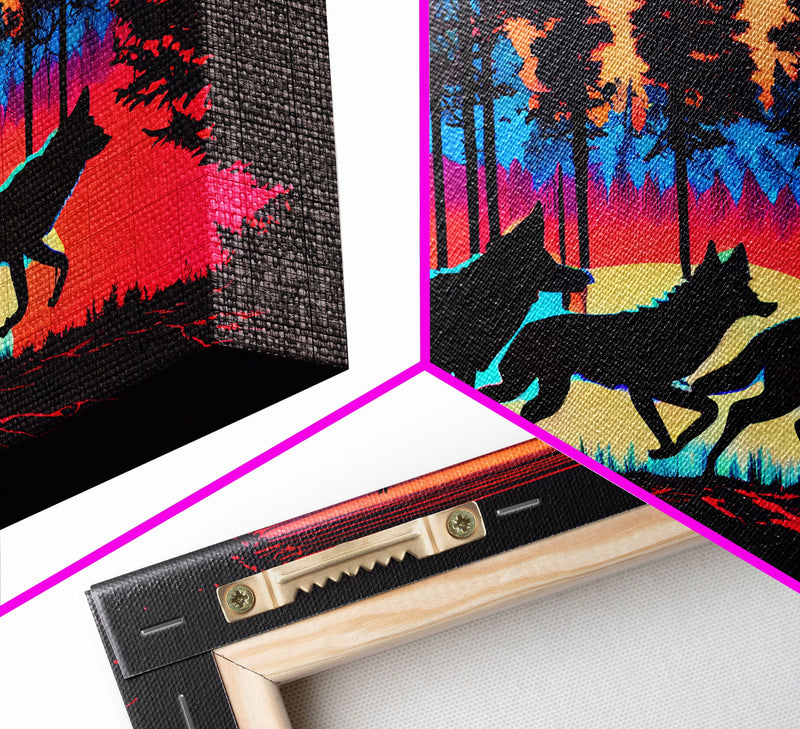 Wolves on the hunt at sunset, synthwave animal art, framed canvas print, vaporwave aesthetic animal art