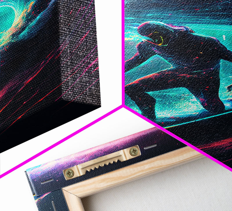 Astronaut surfing the stars, Cosmic Surfer, Galaxy Art, framed canvas print, unique colorful wall art