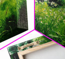 Beautiful field of wildflowers, Emerald green watercolor, framed canvas print, living room wall decor