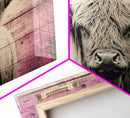Pink Rustic Cattle Art, Framed Canvas Print, Framed Wall Art, Primitive Rustic Minimalist Farmhouse Decor, Highland Cattle Distressed Art