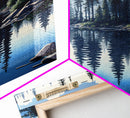 Washington State Pine Tree Forest and Lake Reflection, Framed Canvas print, watercolor painting print, unique living room wall art