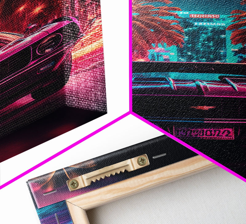 American Muscle Car on Sunset Strip, Retro Synthwave Art, Framed Canvas Print, Gift For Him, Muscle Car Art