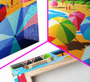 The Beach Crowd, Art Deco Pop Art Mashup, Framed Canvas Print, Colorful Beach Umbrellas, Beach House Lake House Decor