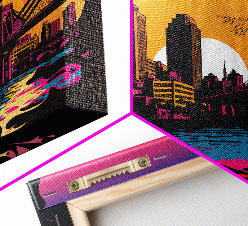 Beautiful Portland, Oregon Retro Synthwave Style Sunset Art, Framed Canvas Print, Pacific Northwest City Art