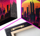Outrun Style Futuristic Cyberpunk City Skyline at Sunset, Concept art, framed canvas print, dystopian art