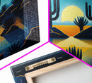 Retro Art Deco Style Pueblo Desert Art, Cactus Desert Landscape under a Full Moon, Framed Canvas Print, Cute Western Decor