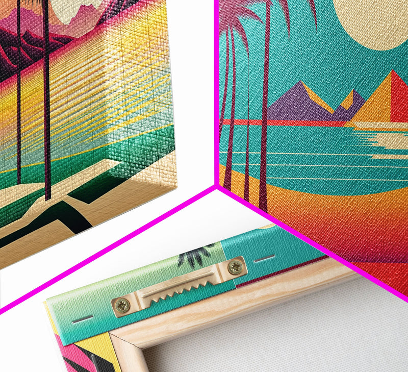 Beautiful Turquoise Retro Style Beach Art, Triptych 3 Panel Framed Canvas Prints, Palm Trees and Sunset, 80s Vibes Vaporwave Art Deco Mashup