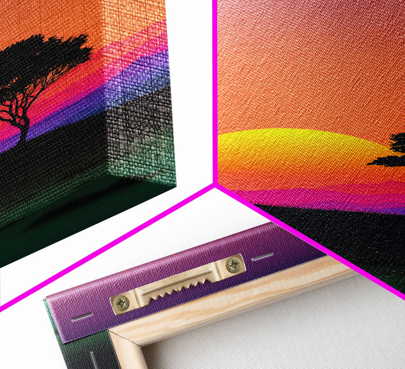 A Lone Tree in a Texas Field At Sunset, Retro Style MCM Art, Framed Canvas Print, Trendy Wall Prints, Landscape and Sunset Outrun Art