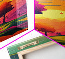 Retro Pop Art Landscape Art At Sunset, Framed Canvas Print, Outrun Style Trees and Sunset, Living Room Art