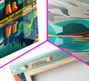 Retro Midcentury Style Wall Art, Framed Canvas Print, Colorful Wall Art, Mountain Landscape, Office Decor, Low Res Art