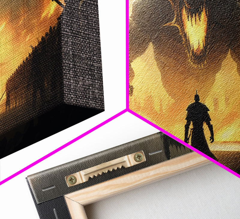 Warrior Facing Down a Dragon, Framed Canvas Print, Unique Fantasy Wall Art, In The Time of Dragons