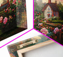 English cottage with rose garden, canvas print, cute English countryside wall art