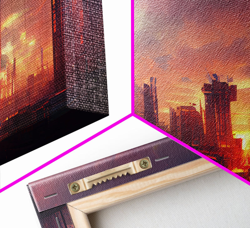 Watercolor of a cyberpunk city, canvas print, dystopian urban landscape at sunset, synthwave style