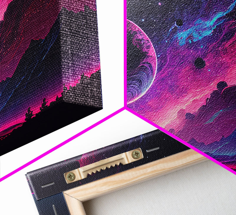 Beautiful Science Fiction Wall Art, Synthwave Style Scifi Art, Framed Canvas Print, Panoramic Alien Worlds and Star Filled Night Sky