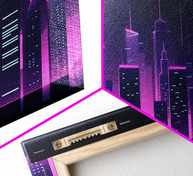 Big City Wall Art | Framed Canvas Print | Living room art | Office decor | Buildings | Outrun Style | Landscape | Night | Pop Art | City