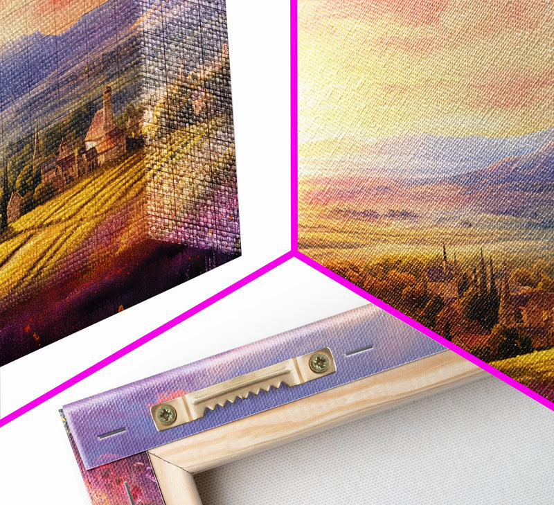 Beautiful Fields of Lavender, Framed Canvas Print, Wall Art, Boho Wall Decor, Sunset Painting, French Countryside, Farmhouse Art