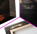 The Witch Cat With A Flower In Her Cap, Framed Canvas Print, Dark Academia Halloween Art, Victorian Cat Oil Painting, Goth Halloween Decor