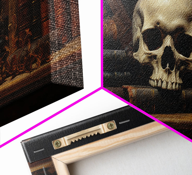 Victorian Gothic Library Art, The Skull On The Shelf, Framed Canvas Print, Halloween Decor, Halloween Art Print