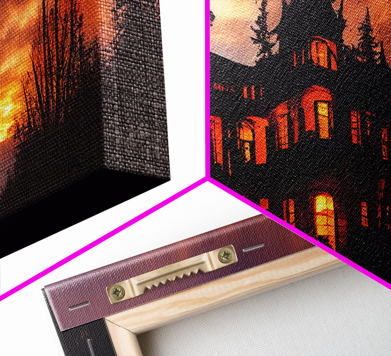 3 Piece Canvas Wall Decor, Ready To Hang Canvas Prints, Victorian Style Haunted House, Spooky Halloween Wall Art Decor