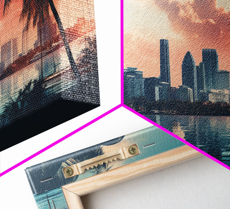 Miami Skyline At Sunrise, Framed Canvas Print, Vaporwave Aesthetic Wall Art, Framed Canvas Art, 1980s Art, Retro Decor