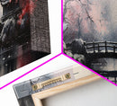 Japanese Hashi Bridge in The Spring, Framed Canvas Print, Japanese Maple Trees Along A Stream, Asian Inspired Artwork