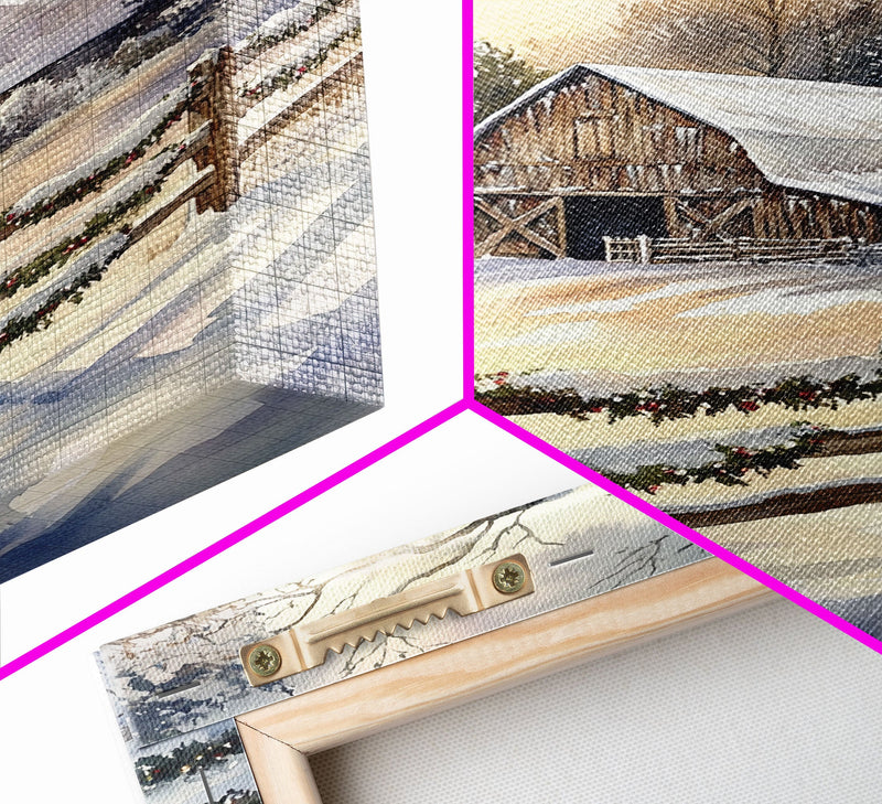 Winter Barn Painting Framed Canvas Print, Xmas Wall Art, Xmas Gift, Winter Wonderland Gift Idea, Western Decor