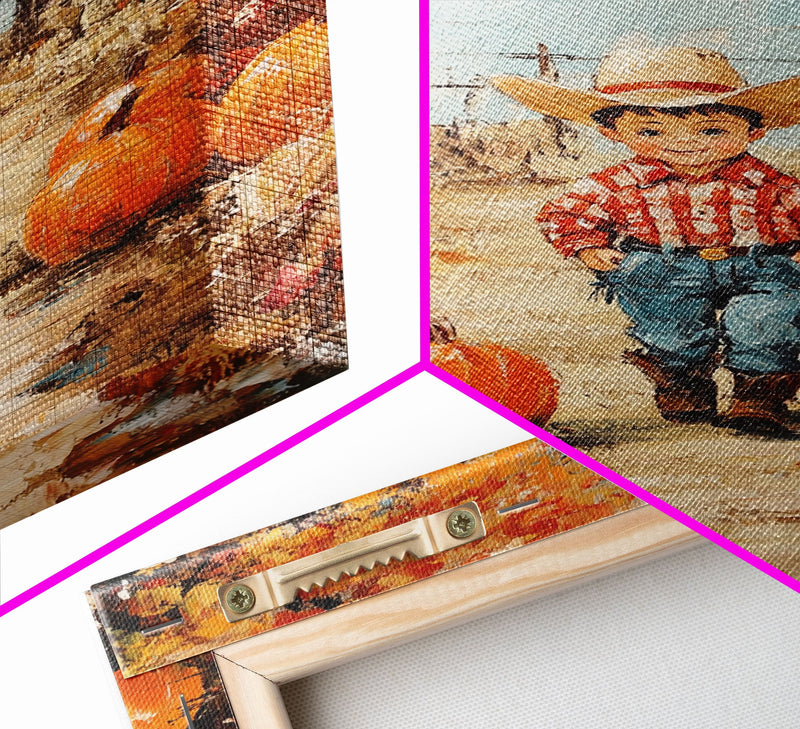 Autumn Cowboy Decor Canvas Print with Pumpkins, Fall Holiday Wall Art and Seasonal Gift Idea 2024