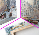 Historical City Winter Framed Canvas Print, Snowy Urban Landscape with Carriages and Victorian Architecture, Elegant Christmas Wall Art