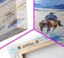 Cowboy riding through snowy mountain pass, Framed Canvas Print, western winter landscape wall art, farmhouse holiday decor Christmas gift