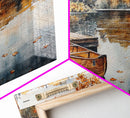 Fall lake house decor Framed Canvas Print serene lakeside cabin canoe rustic autumn wall art seasonal decor gift idea cozy fall home decor