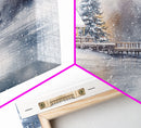 Christmas winter cabin Framed Canvas Print snowy lakeside cabin Christmas tree cozy holiday decor winter wonderland art Christmas wall decor