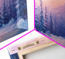 Cozy Cabin Surrounded By Winter Trees Tall Art Framed Canvas Print Serene Snowy Forest Cabin Landscape With Warm Interior Lights