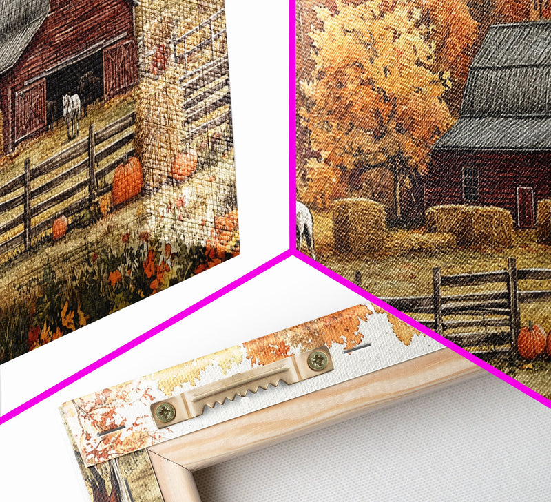 Autumn Barn Pumpkin Horses Canvas Print Farmhouse Fall Decor Seasonal Wall Art Framed Canvas Print Rustic Fall Farmhouse Wall Art