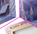 Mountain Cabin At Sunrise Tall Art Framed Canvas Print Winter Snow Covered Trees And Cabin In Mountains With Pastel Sky