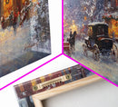 Victorian Christmas Market Tall Art Framed Canvas Print Winter Street Scene With Holiday Decorations And Horse-Drawn Carriages In Snow