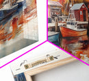 Fishing boats in harbor with autumn trees, framed canvas print, fall coastal art, rustic nautical decor, perfect gift idea, autumn wall art