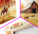 Cowboy on horse in autumn farm scene, framed canvas print, rustic fall decor, farmhouse home decor, cozy autumn landscape art, fall wall art