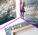Cowboy riding horse through vibrant autumn forest, Framed Canvas Print, tall fall wall art, rustic western decor, moody landscape