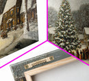Large Christmas Tree In Snowy Village With Families, Winter Wonderland Holiday Wall Art, Framed Canvas Print, Rustic Christmas Decor