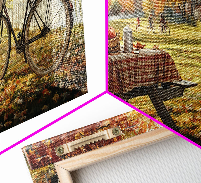 Autumn picnic with apples and plaid tablecloth, fall farmhouse decor, canvas print, country autumn art, autumn wall decor