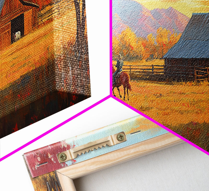 Autumn Cowboy Farm Framed Canvas Print, Cozy Fall Farmhouse Wall Art, Country Western Landscape Decor, Best Gift Seasonal Wall Art