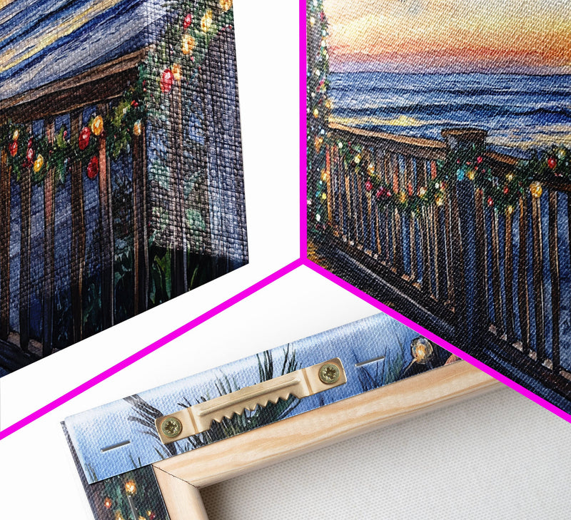 Beachfront porch with surfboards and Christmas lights, Framed Canvas Print with wreaths festive lights, coastal holiday wall art and decor