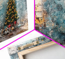 Rustic urban Christmas wall art with a glowing window and decorated tree, framed canvas print perfect seasonal decor, winter holiday display