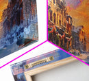 Snowy abandoned street at sunset with festive garland, framed canvas print, moody landscape Christmas or holiday decor