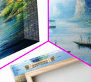 Vibrant Fantasy Art - Original Painting Framed Canvas Print - Sail Boats in The Bay - Nautical Themed Home Decor