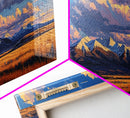 Sunset Over The Mountains Framed Canvas Print, Panoramic Art, Large Format Horizontal Panoramic Wall Art