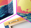 Vaporwave Sunset Over Ocean Waves Framed Canvas Print, Retro Vibes Wall Art